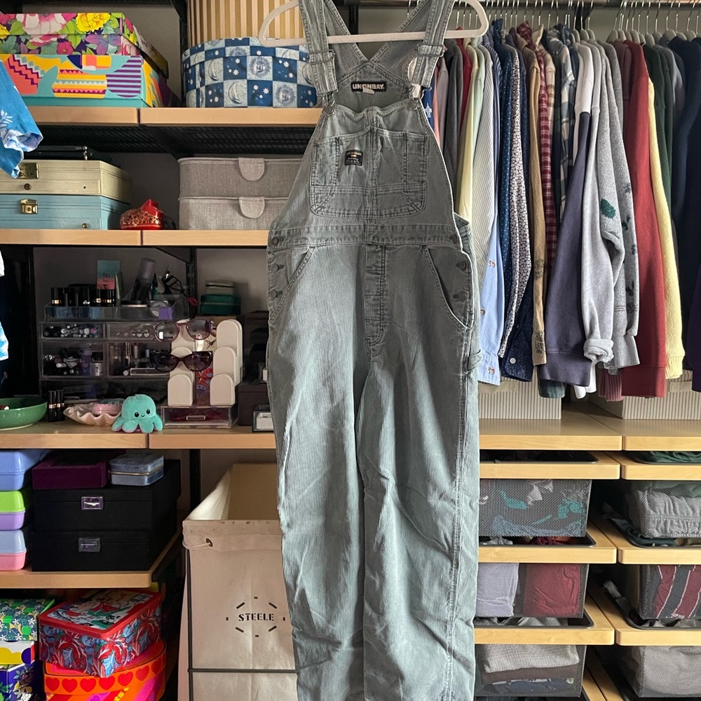 Vintage Union Bay sage green/ gray corduroy overalls, size medium petite